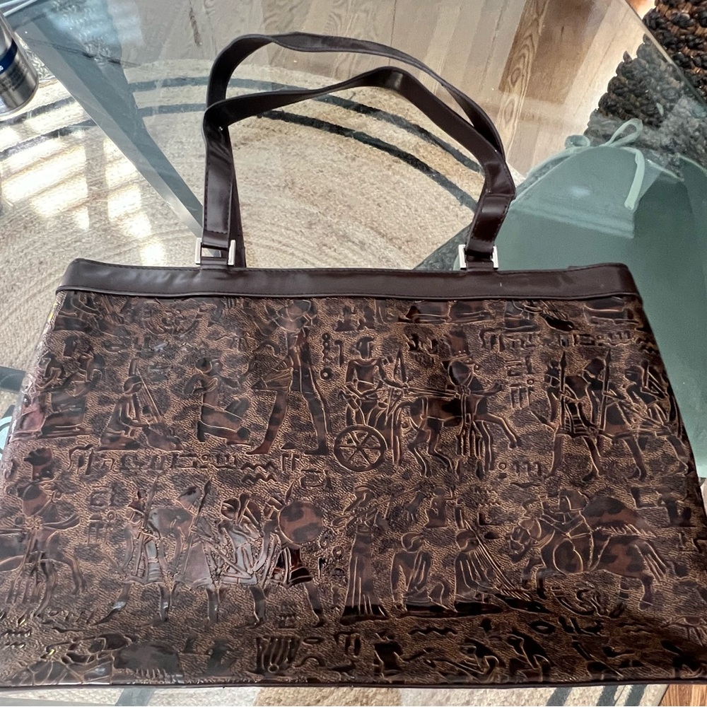 OKPTA  Brown Egyptian Scene Embossed Tote Bag